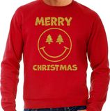 Bellatio Decorations Foute Kersttrui/sweater voor heren - Merry Christmas - rood - glitter goud - Smile / Emoticon S