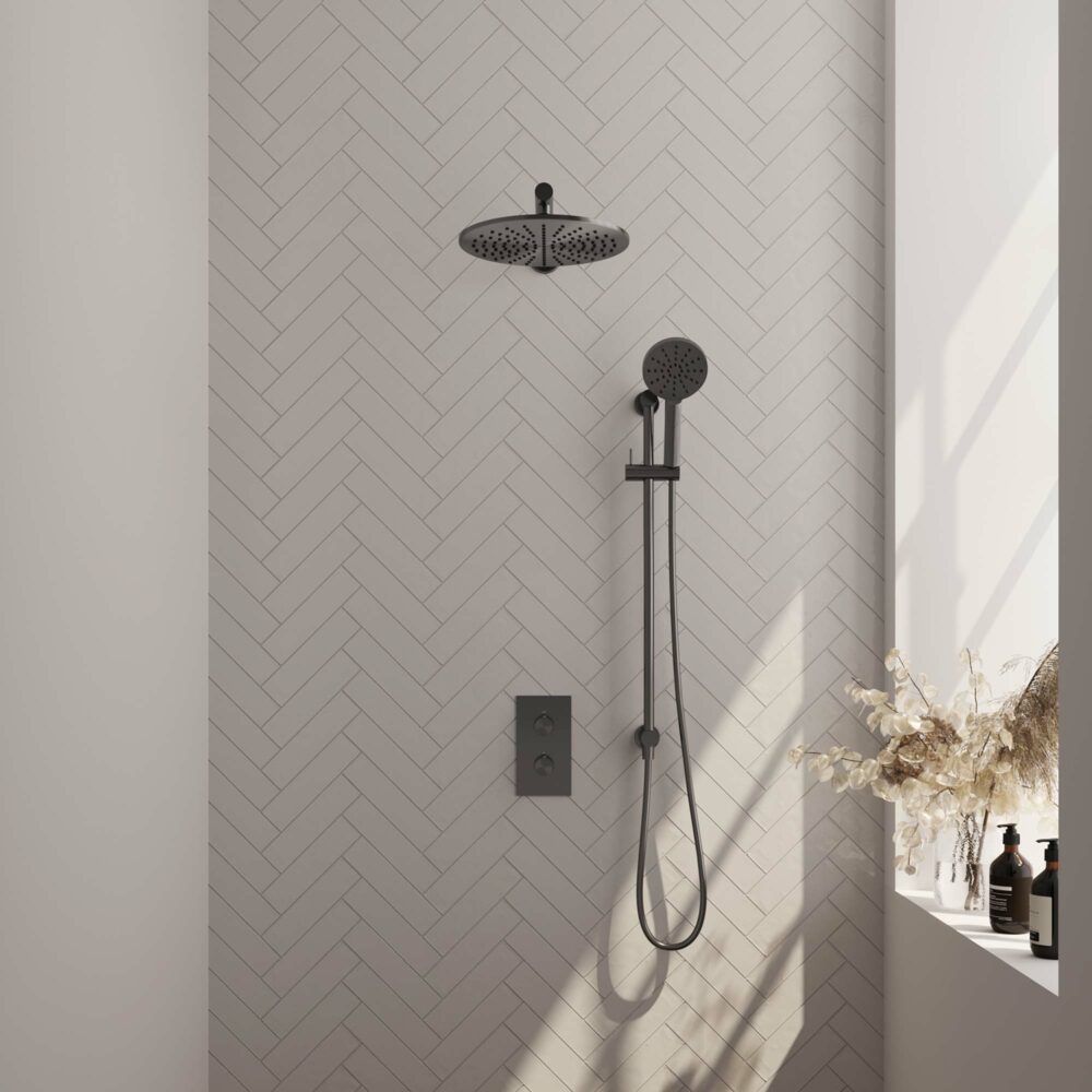 Brauer Gunmetal Carving thermostatische inbouw regendoucheset met 2-weg omstel 40cm rechte wandarm met 30cm ronde hoofddouche 3 standen ronde handdouche 150cm gladde doucheslang met glijstang en handdouchehouder Gunmetal geborsteld PVD 5-GM-140