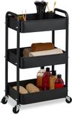 Relaxdays keukentrolley, 3 laags, staal, serveerwagen, badkamer, kantoor, 71,5x43,5x29,5 cm, opbergtrolley, zwart