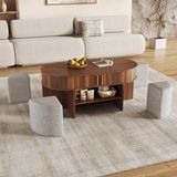 OKWISH Salontafel – Ovaal Met Opbergruimte En Stoffen Hockers – 120x60x51,5 cm – 2 Schuifdeuren – MDF En Spaanplaat Walnut