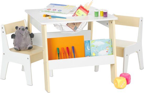 Merkloos Relaxdays Kindertafel en 2 Stoeltjes - Hout - Wit/Beige