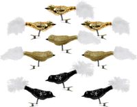 Decoris Kerst vogeltjes - 9x st - op clip - goud/zwart - 8 cm - glas - kerstornamenten