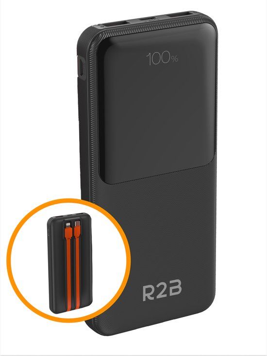 R2B Powerbank 10000 mAh with Integrated Cables - Black