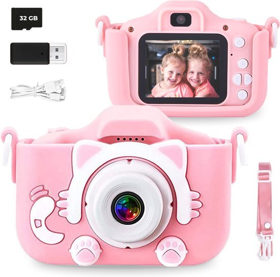 Optimum Digitale Kinder Camera Inclusief 32 GB SD Kaart En SD Kaart Lezer + Stickervel - Fototoestel Kinderen - Educatief Speelgoed - Vlog camera - Roze