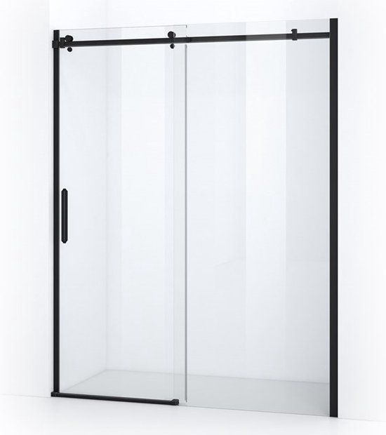 Maxaro Douchewand met Schuifdeur Mat Zwart Crystal Allure 150cm Vierkant Rollersysteem