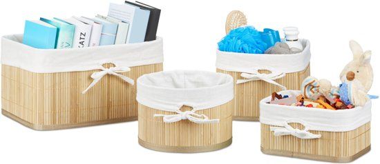 Relaxdays Opbergmand Set van 4 - Bamboe - Mandjes - Vierkant en Rond - Naturel