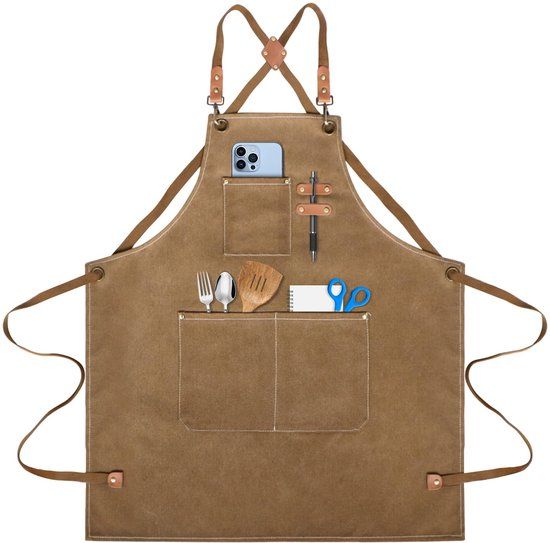 Barbecueschort Lumpyeu BBQ schort voor heren, kookschort, waterdichte schort met 3 zakken, canvas schort, denim kookschort, kruisrugontwerp, keukenschort voor heren, dames, keuken, restaurant, café (bruin)