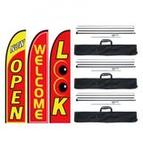 VEVOR Open vlaggen met paalkit, reclamevlaggen voor bedrijven buiten, reclame veer vlag kit, 3 vlaggen (open, kijk, welkom), 3 polen, 3 grondpalen, swoopervlaggen voor bedrijven 16,3 FT
