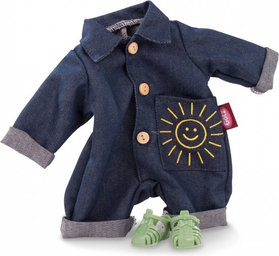 Gotz Götz poppenkleding denim jumpsuit met groene sandaaltjes voor babypop van 30-33cm