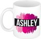 Bellatio Decorations Astrid naam cadeau koffie mok - beker - met roze verfstrepen - Cadeau collega - moederdag - verjaardag - juf - coach - 300 ml - wit