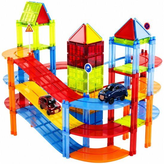 Olvy Magnetic Tiles Racebaan - 126 Stuks - Magnetisch Speelgoed - Magnetische Tegels - Educatief & Constructie - Auto's - Montessori - Bouwstenen - Bouwblokken - Voor 3, 4, 5, 6, 7, 8, 9 Jaar - Bouw je Magna Wereld - Kinderen - Olvy