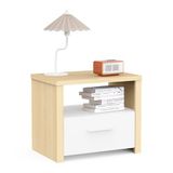 Nachtkastje met houten en witte decoratie met stille lade en nis, nachtkastje voor volwassenen in modieus design, gemaakt in Frankrijk