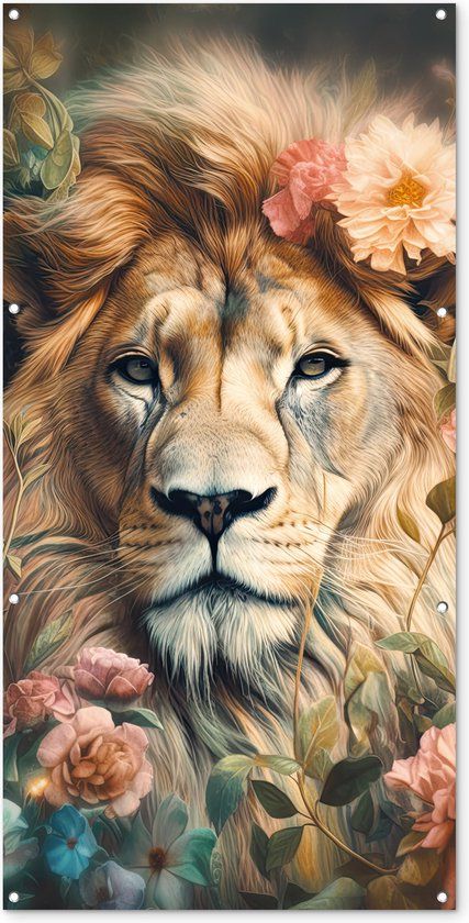 GreatGardenPosters Wanddecoratie buiten Leeuw - Leeuwenkop - Wilde dieren - Bloemen - 80x160 cm - Tuindoek - Buitenposter
