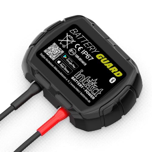 intAct Battery-Guard, batterijmonitor voor Bluetooth-bewaking van 12V-lood- en lithiumbatterijen, met weergave van spanning en temperatuur en pushmelding bij een kritieke laadtoestand