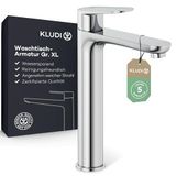 KLUDI -X1 wastafelarmatuur, uitloophoogte 210 mm, waterbesparende waterkraan badkamer maat XL, keramische cartouche, mengkraan wastafel incl. aansluitslangen in chroom