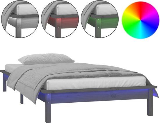 vidaXL Bedframe - LED - massief - hout - grijs - 90x200 cm