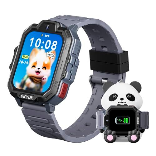 OKYUK T17 Smartwatch voor kinderen, 4G kindersmartwatch met GPS en videogesprek, SOS-noodoproep, spraakchat, sms, schoolmodus, games en panda-laadstation, kinderhorloge voor meisjes en jongens (grijs)
