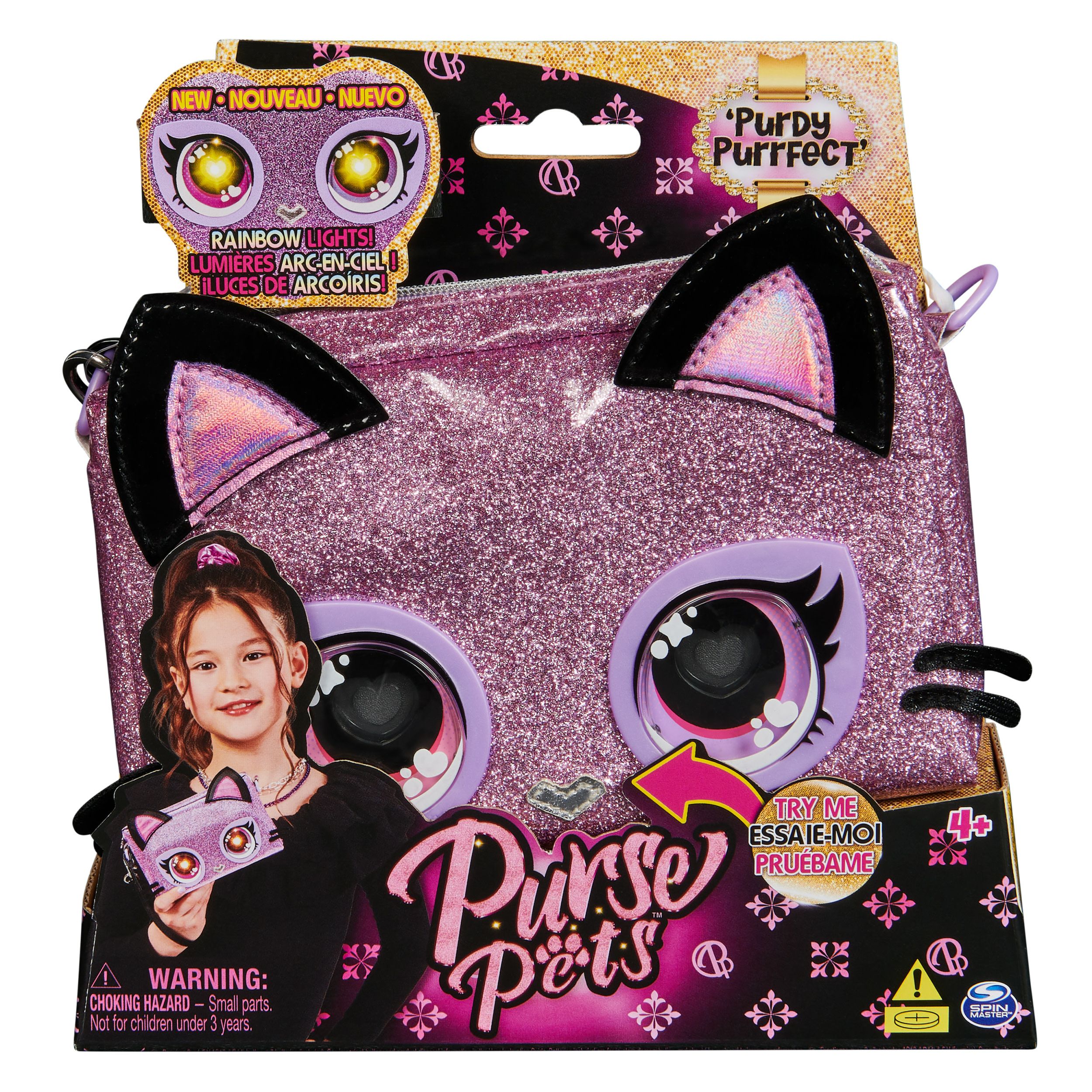 Purse Pets Wristlet Bag - Kitty - Interactive Bag & Plush with Rainbow Light Up Eyes - Clutch Bag - Black/Pink - Girls - 4+ Years