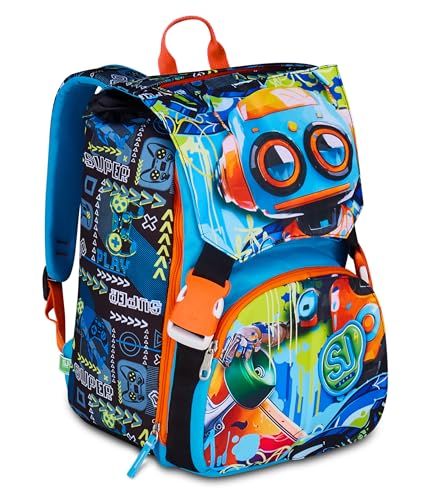 SJ GANG STYLE JAM GANG Rugzak met dubbel uittrekbaar vak, blauw, grote capaciteit, voorgevormde rugleuning, kinderen, basisschool, Blauw, Eén maat, modern
