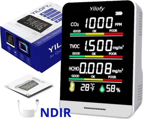 YILOFY Professionele NDIR 5 in 1 Luchtkwaliteitsmeter Hygrometer CO2 Meter Horeca Draagbaar LCD Scherm Monitor CO2 - Luchtvochtigheidsmeter Sensor - Melder - Temperatuur - Thermometer Binnen Buiten - Oplaadbaar + USB Kabel