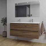 Saniclass Chaci Badkamermeubelset - 120x46x55cm - keramische wastafel wit - 2 wasbakken - 2 kraangaten - 2 lades - rechthoekige spiegel - noten