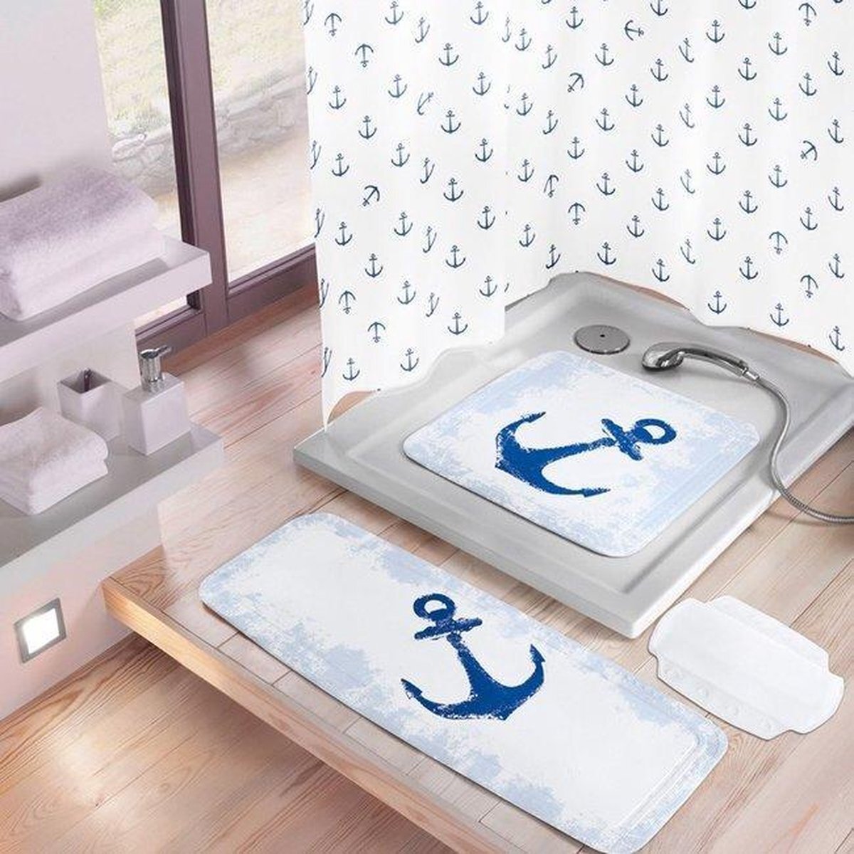 KLEINE WOLKE Anchor Badmat, kunststof, donkerblauw, 36 x 92 cm