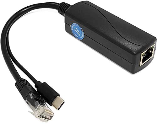 Revotech Gigabit Type C PoE-splitter 5V 3A, IEEE 802.3af/at Standard, 10/100/1000Mbps Power Over Ethernet-splitter met RJ45-poort en TypeC-poortsplitteradapter (TYPEC0503G zwart)