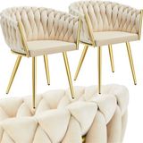Tectake® - Set van 2 fluwelen eetkamerstoelen - Kuipstoel met armleuning - Zandkleurig/Goud