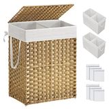 SONGMICS Wasmand met deksel, 90 l kledingmand met 2 verwijderbare voeringzakken en 6 gaaszakken, rieten wasmand, dubbele wasmand voor badkamer, 30 x 40 x 69 cm, natuurlijke ULCB251N01V1