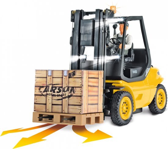 Carson 500907673 1:14 heftruck. Linde 2.4G 100%RTR geel - op afstand bestuurd voertuig, bedrijfsvoertuig, schaal 1:14, licht en geluidsfuncties, incl. zenderbatterijen, 2,4 GHz afstandsbediening