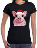 Bellatio Decorations Kerst T-shirt voor dames - roze varken met kerstmuts - zwart - Kerstfeest XXL