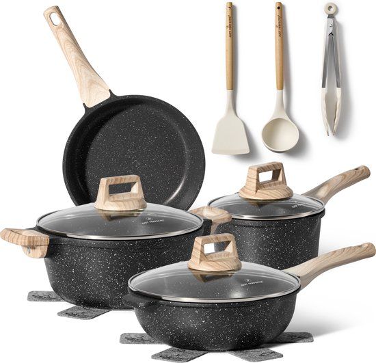 JUST PERFECTO HOUSEHOLD APPLIANCES 12 Delige Pannenset Inductie - Zwarte Pannenset Met Deksel Voor Gas en Inductie - PFAS vrij - Koudgrepen
