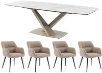 Vente-unique Set tafel MALATA + 4 stoelen HEKA - Wit marmereffect en beige