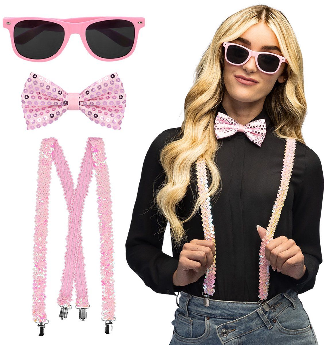 Boland - Set van 3 feestaccessoires, bril, vlinderdas en bandjes, glanzende pailletten, kostuumaccessoires, carnaval, Nieuwjaar, themafeest