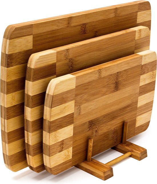 Relaxdays Snijplank set - Bamboe hout - 3 snijplanken + houder - Geur- en smaakneutraal