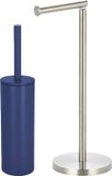 Spirella Badkamer accessoires set - WC-borstel/toiletrollen houder - metaal - donkerblauw/zilver