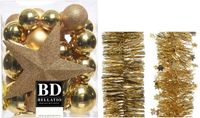 Shoppartners Bv Décoration de Noël boules de Noël en plastique 5-6-8 cm avec étoile et guirlandes en aluminium lot doré de 35 pièces - Décoration de sapin de Noël
