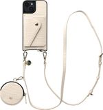 AVY Leren Hoesje geschikt voor Apple iPhone 15 | Met Koord, Wallet en Pouch | Compatibel met MagSafe | Leather Case met 130CM Koord | Long Leather | Croco Beige