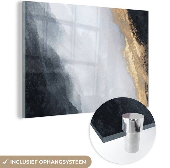 MuchoWow® Glass Painting 120x80 cm - Acrylic Glass Painting - Abstract - Paint - Gold - Black - Marble - Photo on Glass - Wall Decoration Living Room - Wall Decoration Bedroom - Paintings