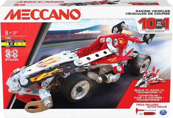 meccano 6060104 10-in-1 racevoertuigen STEM modelbouwset met 225 onderdelen en echt gereedschap, kinderspeelgoed voor kinderen vanaf 8 jaar
