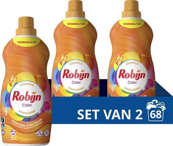 Robijn Klein &amp; Krachtig Classics Vloeibaar Wasmiddel - Color - met Care Serum - 2 x 34 wasbeurten