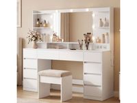 Coiffeuse avec miroir éclairé LED et prises, 10 tiroirs, 137 x 40 x 144,3 cm, blanc, sans tabouret