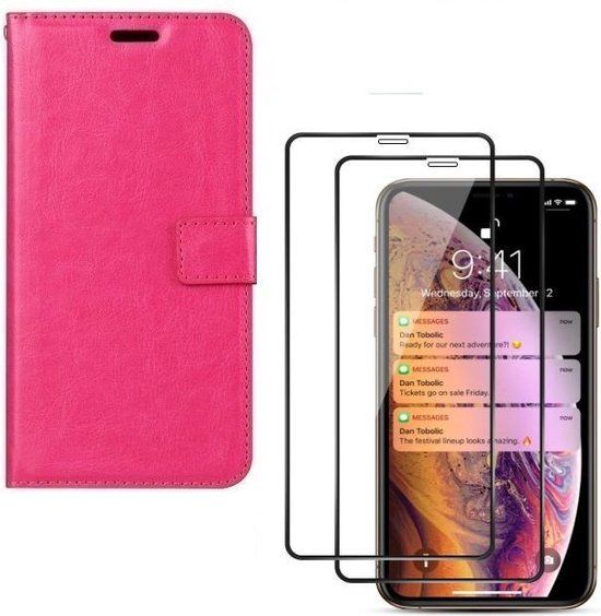 iPhone X/XS Book Case - Pink - Wallet Case + 2x Tempered Glass Screen Protector