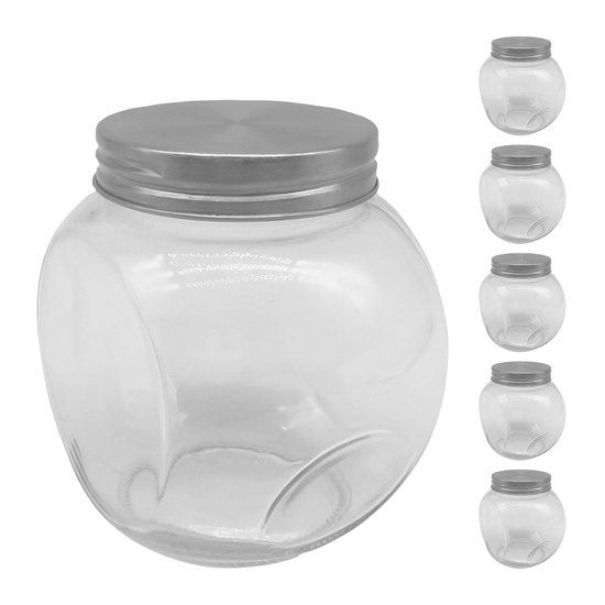 Merkloos Relaxdays Snoeppotten - 6 stuks - 480 ml - Glas - Transparant - Met Zilveren Deksel