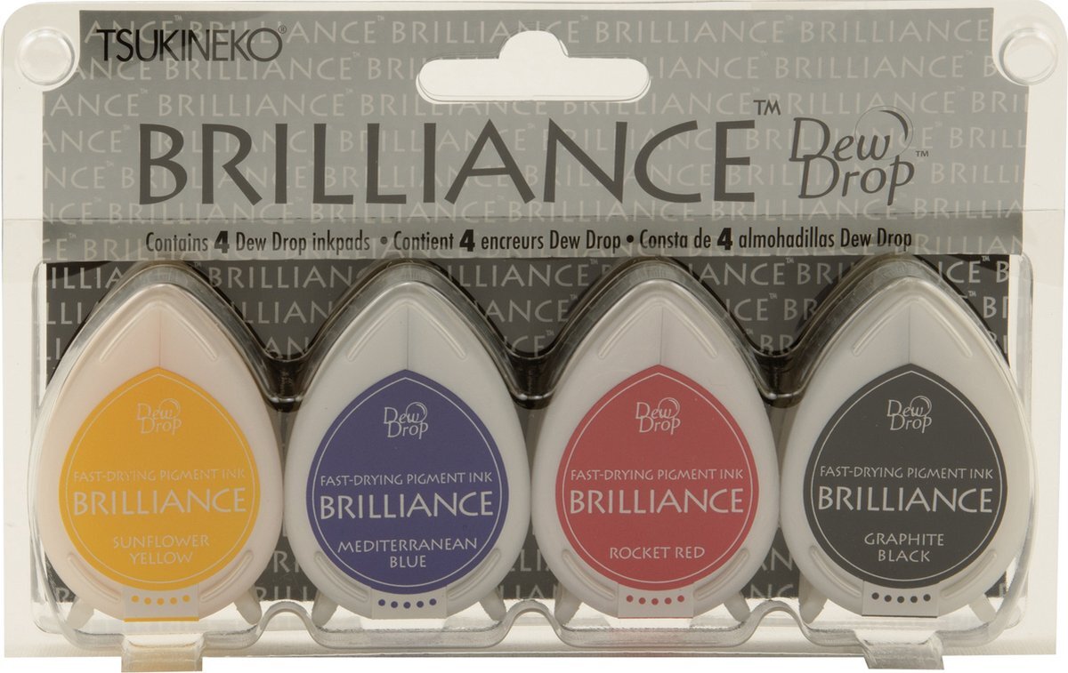 Tsukineko Brilliance Drew Drop Stempelkussen set Basics - Graphite Black, Sunflower Yellow, Mediterranean Blue, Rocket Red