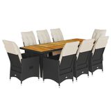 vidaXL 9-delige Bistroset met Kussens, Poly Rattan, Bruin