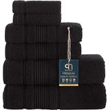 Qute Home 6-delige badhanddoekenset, 100% Turks katoen, hoogwaardige badhanddoeken, zachte en absorberende Turkse handdoeken, set bevat 2 badhanddoeken, 2 handdoeken en 2 washandjes (zwart)