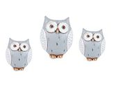 DRW Set van 3 grijze uilen van kunsthars, 8 x 5,5 x 9 cm en 14 x 11 x 17 cm