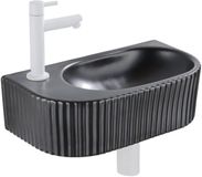 QeramiQ Fuente Fonteinset - 40x21.5x12cm - links - geribbeld - halfrond - 1 kraangat - keramiek - fonteinkraan wit mat - afvoerplug - verlaagd sifon - zwart mat