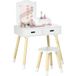 Table de maquillage enfant avec miroir et 2 tiroirs, blanc et bois, incluant tabouret
